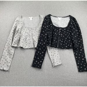 Lot of 2 Kirious Babydoll Tops Size L Black Gray Floral Waffle Knit Cropped L/S